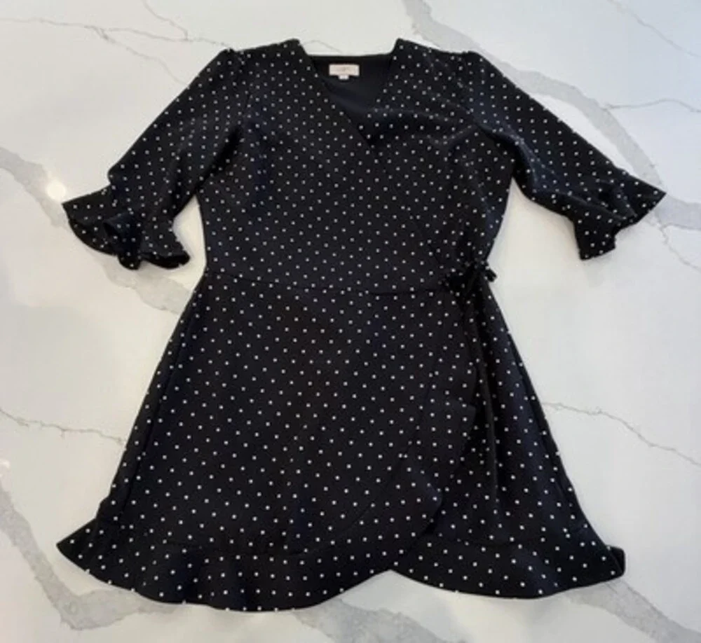 LOFT Black/White Polka Dot Wait Tie Faux Wrap 3/4 Sleeve Mini Skater Dress, Sz 8 - Picture 12 of 16
